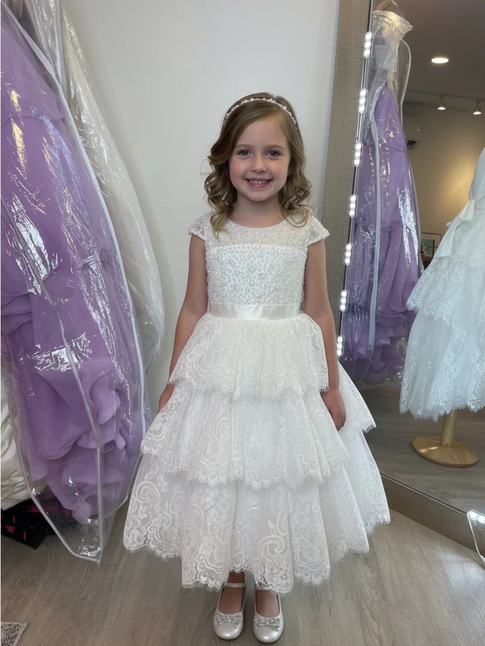 Girls White Lace Tiered Party Dress with Satin Sash